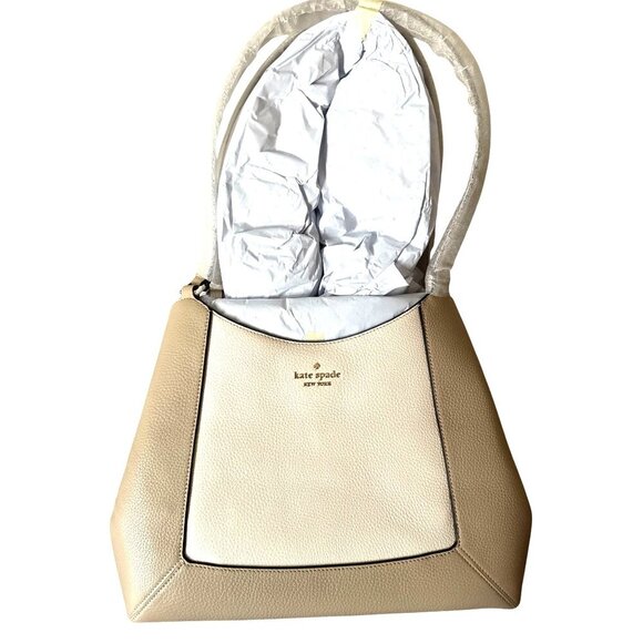 Kate Spade Womens Pebbled Leather Lena Sand Colorblock Large Shoulder Bag New - Picture 5 of 9